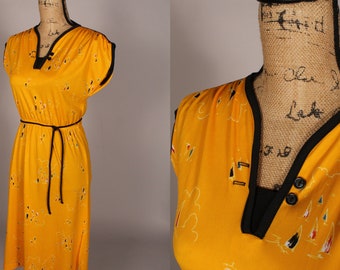 70s 80s Dress //  Vintage 70s 80s Bright Yellow Sailboat Print Dress Size S M 24-27" waist with belt ~ black trim and belt