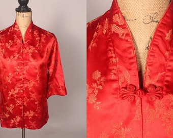 Vintage 60s Red Silk Top, Vintage 60s Red Satin Top Jacket by Andrade Resort Shops Waikiki Hawaii Size M L