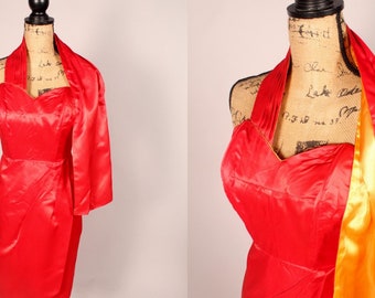 Vintage 50er 60er Kleid, Vintage Rot & Gold Satin Kleid, Vintage Formales Kleid, Vintage Trägerloses Kleid mit Fall, Vintage Kleid XS 54"w