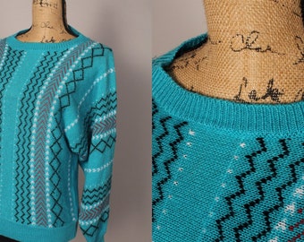 60s 70s Sweater //  Vintage 60s 70s Turquoise Blue Print Pullover Sweater by Empire Gene Stuart Size M L