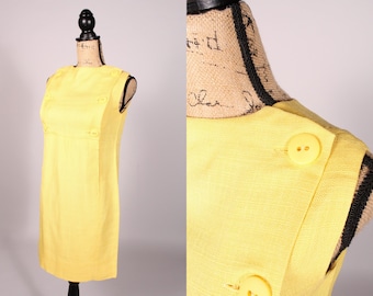 Vestido de los años 60 // Vintage 60s limón amarillo lino mini vestido tamaño M sin mangas
