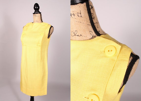 60s Dress //  Vintage 60s Lemon Yellow Linen Mini… - image 1