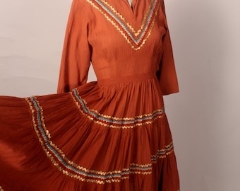Vintage 50s Terracotta Brown Patio Dress size XS 22&quot; waist