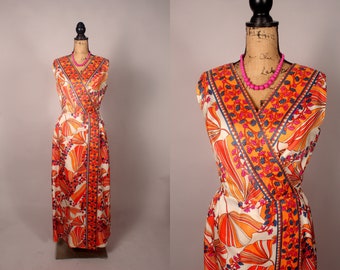 Vintage 60s 70s Orange Paisley Print Maxi Dress size L XL 34" waist sleeveless