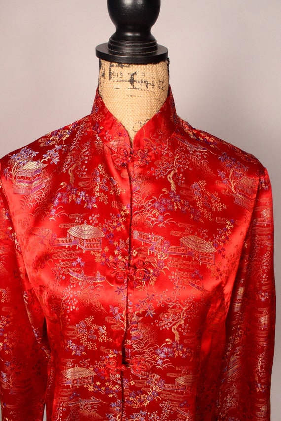 Vintage 80s Red Satin Tapestry Top by Peony Brand… - image 3