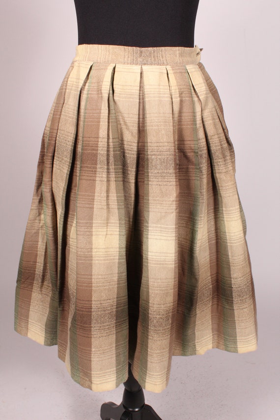 50s Skirt //  Vintage 50s 60s Tan Brown Green Pla… - image 3