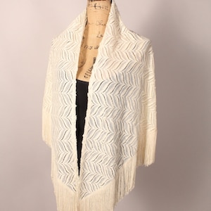 Vintage 60s Ivory Fringed Shawl Made In Japan