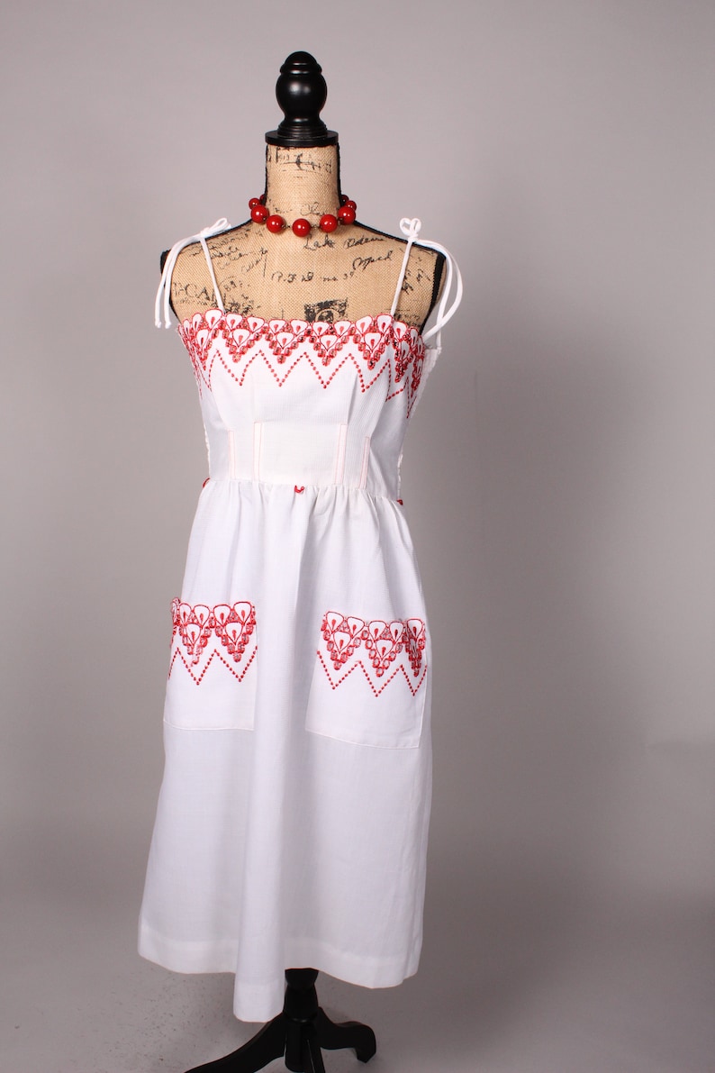 Vintage 60s 70s Dress Vintage 60s 70s White Sun Summer Dress with Red Accents by Vicky Vaughn Junior Size M