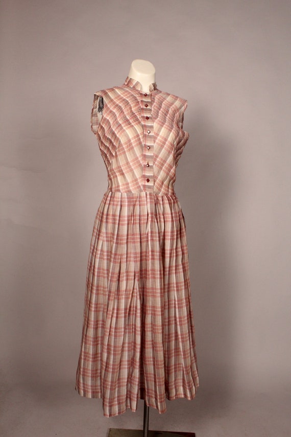 50s Dress //  Vintage 50s Tan Red Plaid Muslin Dr… - image 2