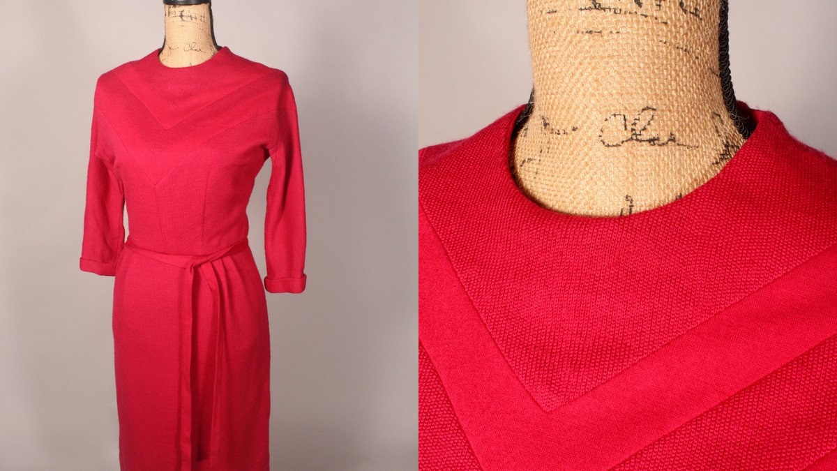60s -70s Jewelry – Necklaces, Earrings, Rings, Bracelets 50S 60S Dress  Vintage 1950s 1960s Hot Pink Wool Knit Size S 25 Waist Myrtle Vaughn Portland Ore Fully Lined With Belt $60.00 AT vintagedancer.com