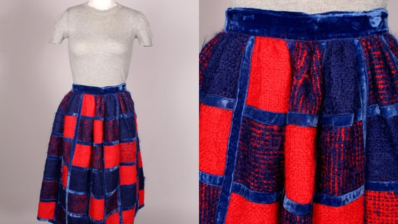 60s Skirt //  Vintage 60s Red & Blue Mohair and V… - image 1