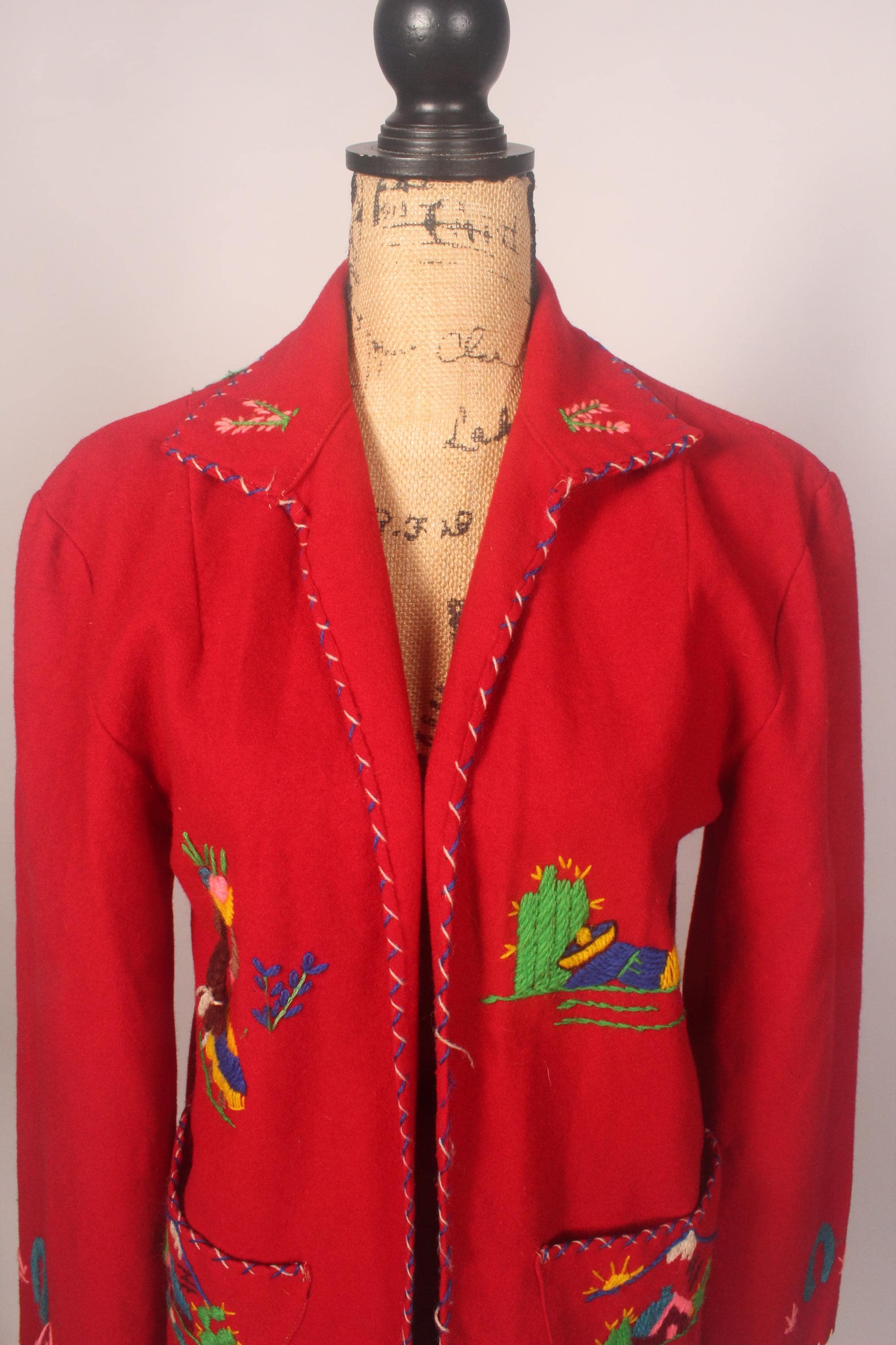 Vintage 50s Mexican Tourist Souvenir Jacket Red Wool Hand