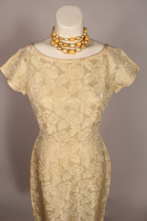 Vintage 50s 60s Cream Jacquard Dress Size S 26