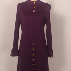Vintage 60s 70s Purple Knit Dress with Gold Buttons Alberta Import Italy Size L 34&quot; waist sz 42