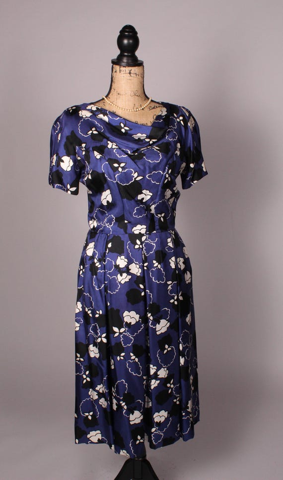 Vintage Sophie of Saks Fifth Avenue Blue Black Floral Print Silk Dress Size M L 29" Waist Silk Lined Sophie Gimbel