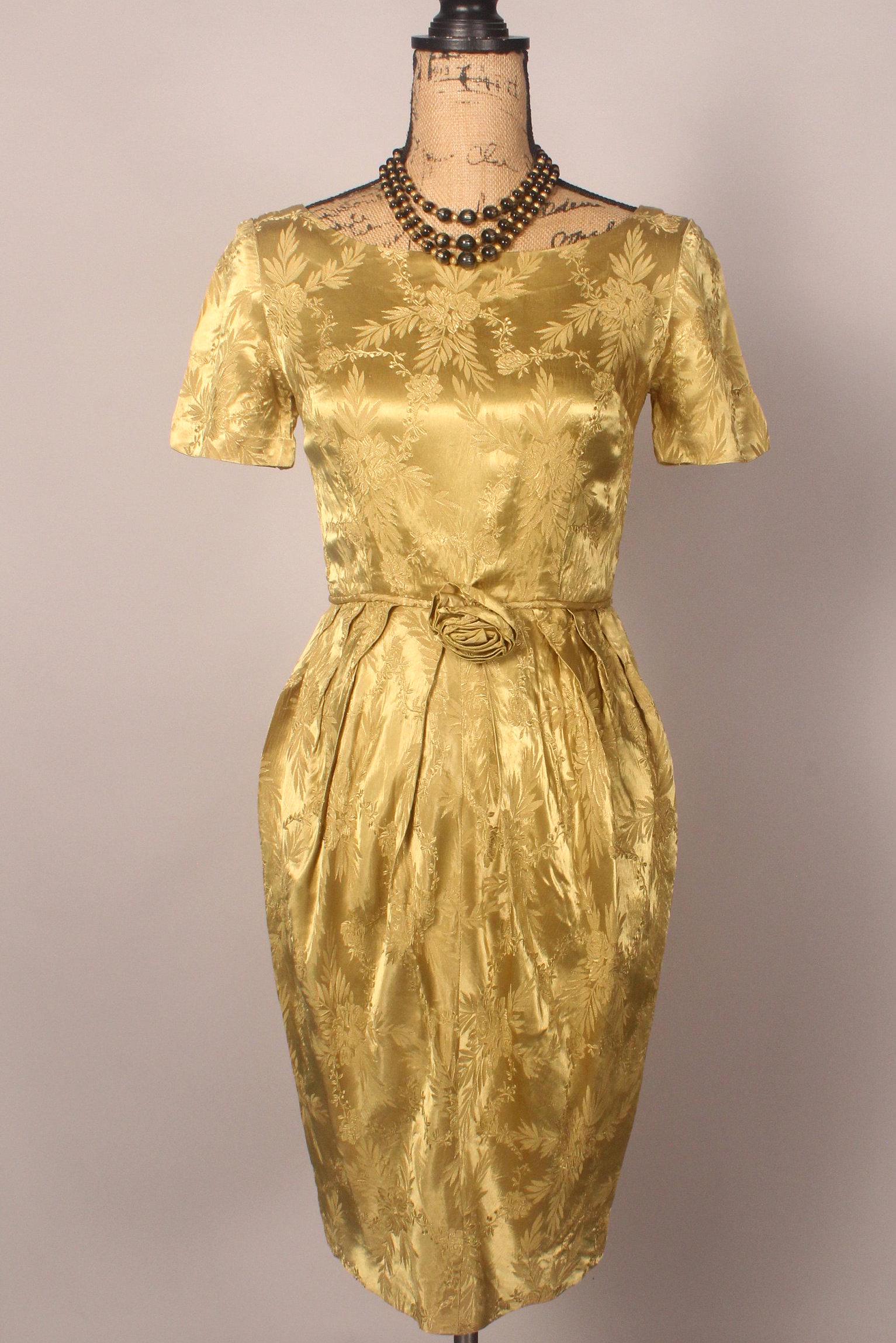 Vintage 50er 60er Jahre Gold Satin Jacquard Kleid Größe XS Taille