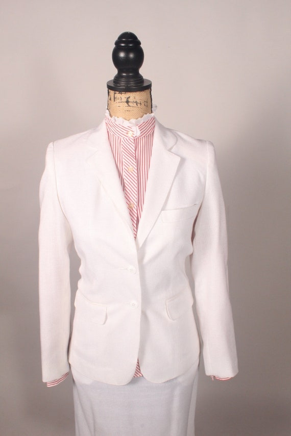 Vintage 70s 80s 3 piece Skirt Suit, White Linen S… - image 5