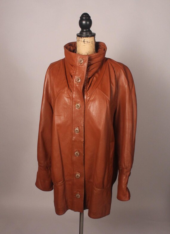 Vintage 80s 90s Caramel Brown Leather Jacket Coat Size L Cool 