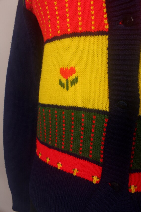 Vintage 70s 80s Blue Red Yellow Cardigan Sweater … - image 5