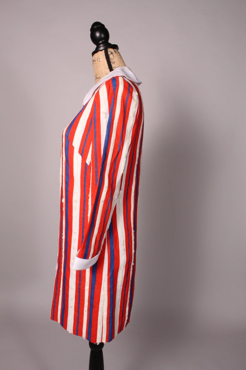 60s Dress // Vintage 60s Red White & Blue Striped Linen Dress Size M with Sequin Accents and Peter Pan Collar image 8