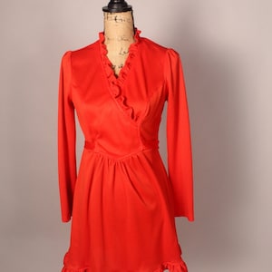 60s 70s Orange Red Ruffly Mini Dress Size M L