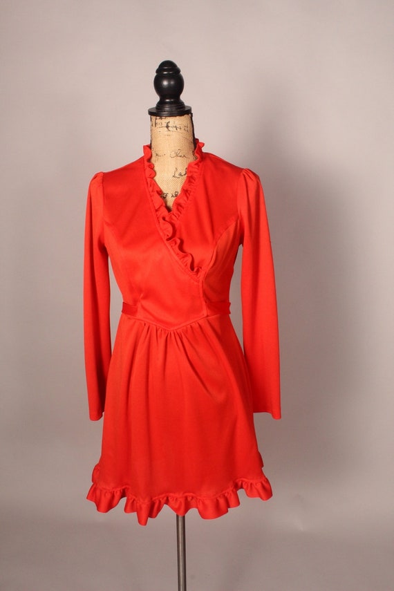 60s 70s Orange Ruffly Mini Dress, Vintage Mini Dr… - image 2