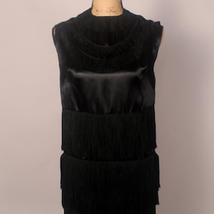 Vintage 60s Black Satin Fringe Dress Size S M flapper