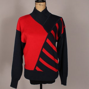 Vintage 80&#39;s Blue Red Graphic Ski Sweater by Tyrolia HEAD Size S made in Hong Kong