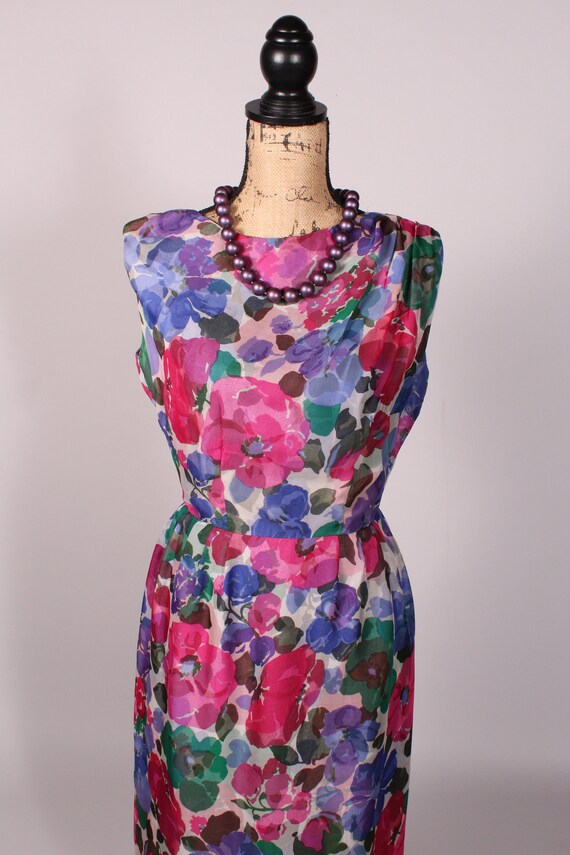 50s 60s Dress // Vintage 50s 60s Blue Pink Floral… - image 3