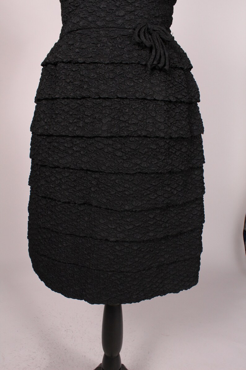 50s 60s Dress // Vintage 50s 60s Black Dress Size M 27 waist textured tiered skirt cocktail party image 8