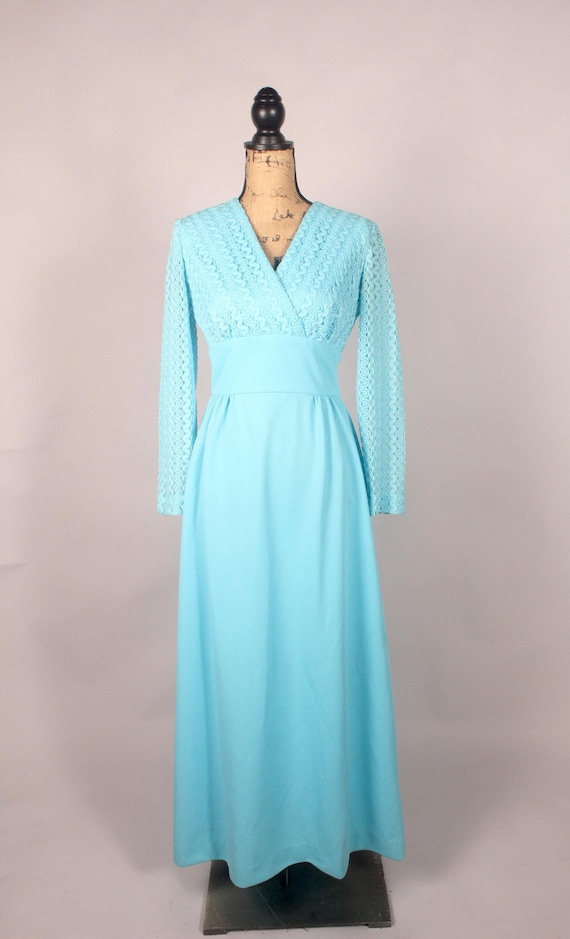 Vintage 70s 80s Aqua Blue Poly & Lace Maxi Dress Size M L 29" waist Vintage 70s 80s Aqua Blue Poly & Lace Maxi Dress Size M L 29" waist