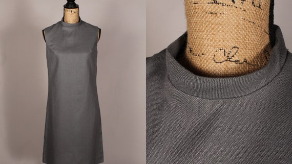 60s Dress //  Vintage 60s Dark Gray Linen Sleevel… - image 1