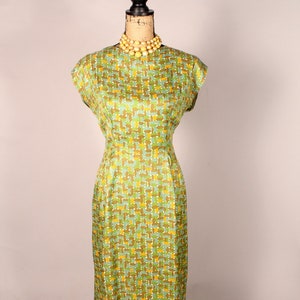 Vintage 40s 50s Dress, Green Brown Print Dress, Surfboard Print Dress, 40s Jersey Dress, 50s Rayon Dress, Leaf Print Dress, Size L 31 waist image 2