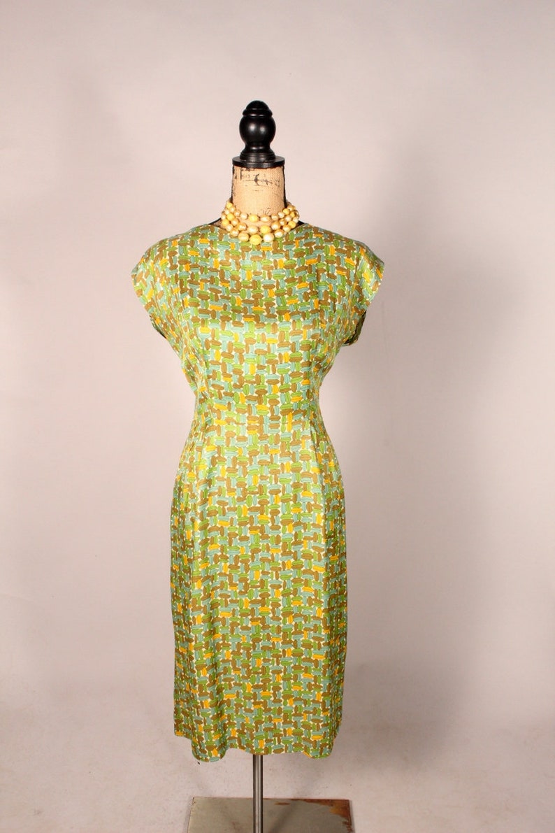 Vintage 40s 50s Dress, Green Brown Print Dress, Surfboard Print Dress, 40s Jersey Dress, 50s Rayon Dress, Leaf Print Dress, Size L 31 waist imagem 2