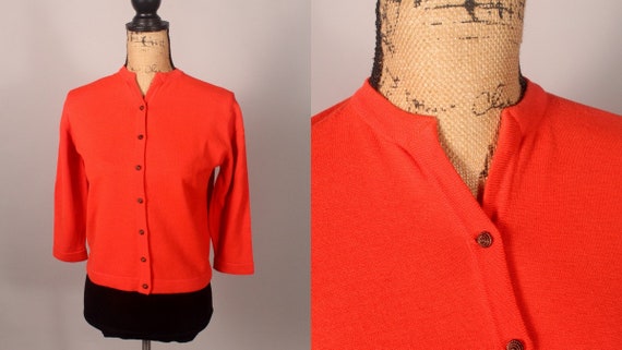 Vintage Cardigan Sweater, 60s Orange Cardigan Swe… - image 1