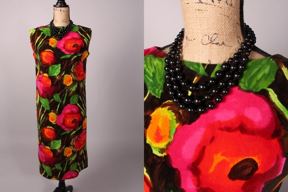 60s Dress // Vintage 60s Bright Floral Velvet Shi