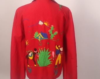 ヴィンテージ 50 年代 メキシコ 観光 お土産 ジャケット レッド ウール 手刺繍