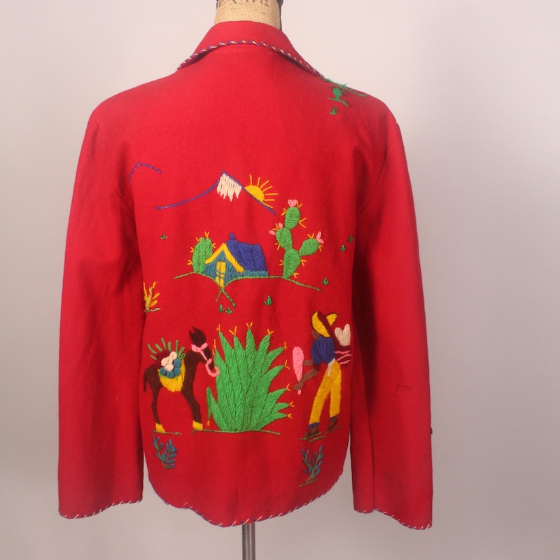 XXS 1950s Souvenir Mexican Tourist Jacket Blue Teal Embroidered Horseshoe Donkey Wool Jacket