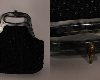 50s 60s Purse //  Vintage 50s 60s Black Knit Beaded Purse with Gray Faux-Marble Lucite Handle