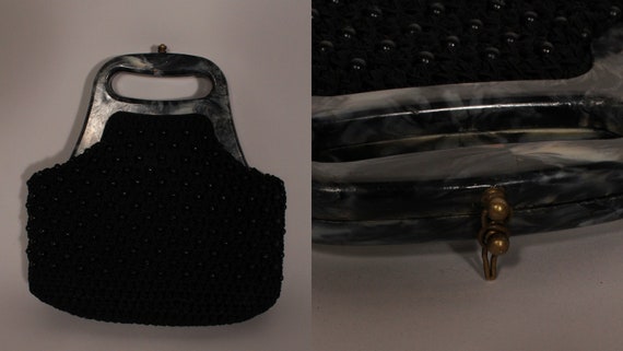 50s 60s Purse //  Vintage 50s 60s Black Knit Bead… - image 1