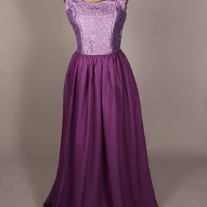 Vintage 60s Purple Metallic and Chiffon Maxi Dress Size M 27" waist sleeveless