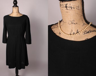 50s 60s Dress //  Vintage 50s 60s Black Linen Dress Size M L 30" waist