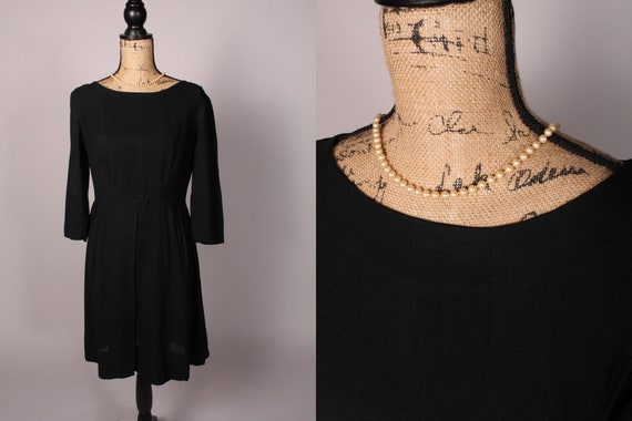 50s 60s Dress // Vintage 50s 60s Black Linen Dres