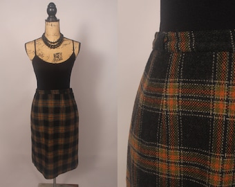 Vintage 50s 60s Black Green Orange Plaid Skirt Size M 28" waist