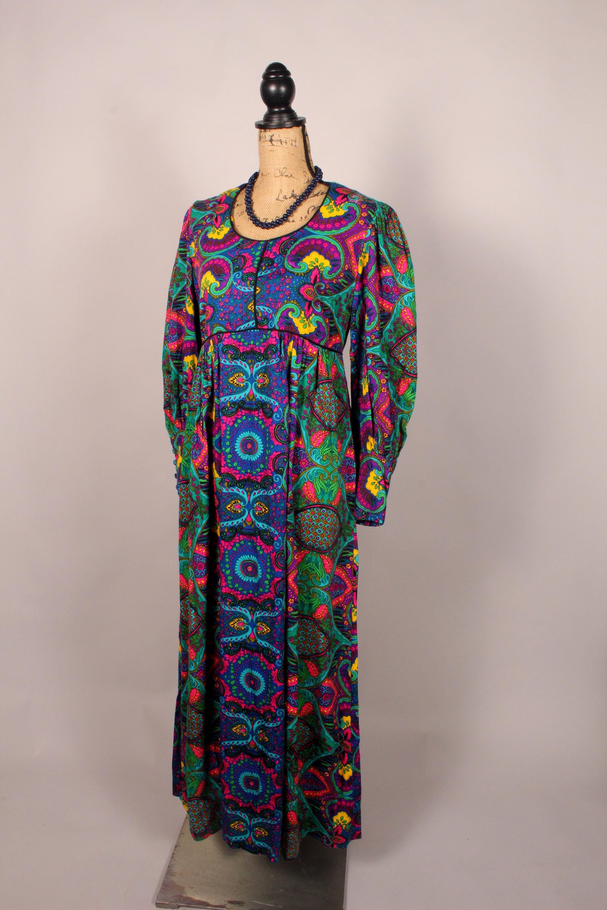 ヴィンテージ　Paisley design long dress Womens Maxi Dress BLUE ORANGE VINTAGE FLORAL PAISLEY Plunge