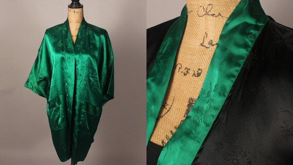 Vintage 60s Emerald Green and Black Satin Jacquard Jacket by 