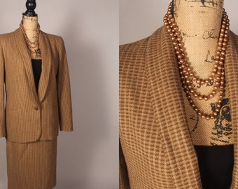 70s Skirt Suit //  Vintage 70s Brown Check Wool Skirt Suit by Spitalnick Size M 28" waist
