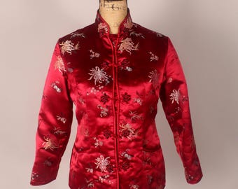 Vintage 80s 90s Burgundy Padded Asian Style Satin Jacket by Peony Brand Shanghai Size L