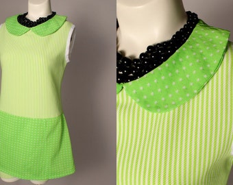 60s Romper //  Vintage 60s Lime Green Stripe Polka Dot Romper Size M polyester