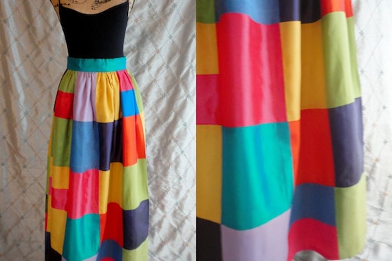 70s Skirt // Vintage 70s Colorful Patchwork Taffe